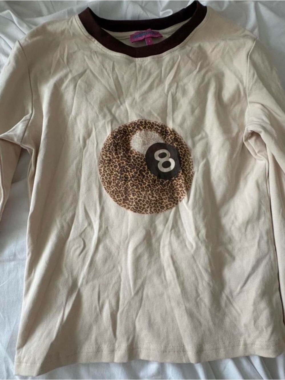 Edikted Cream Long Sleeve Tee with Leopard 8-Ball Graphic